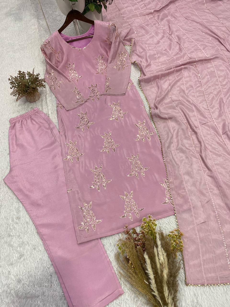 Party Wear Chinon Embroidered Kurti Pant Set with Dupatta