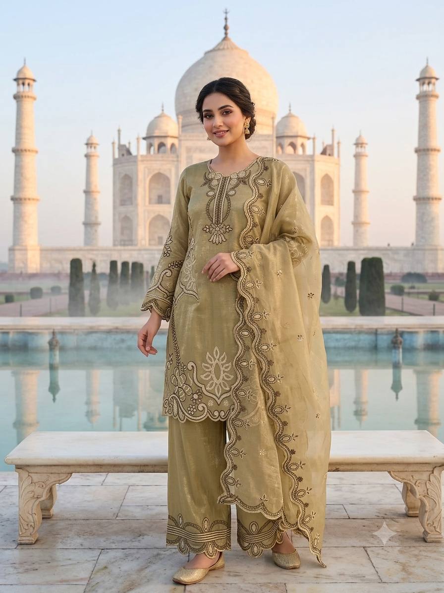Wedding Wear Embroidered Kurti Palazzo Suit Set