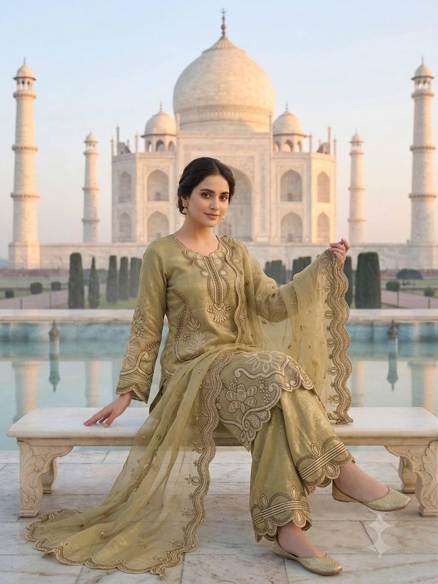 Wedding Wear Embroidered Kurti Palazzo Suit Set