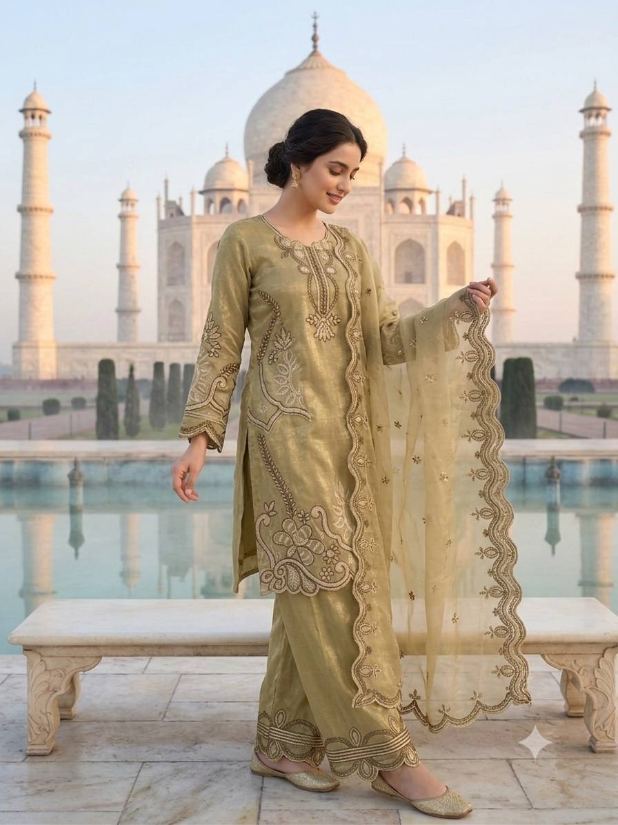 Wedding Wear Embroidered Kurti Palazzo Suit Set
