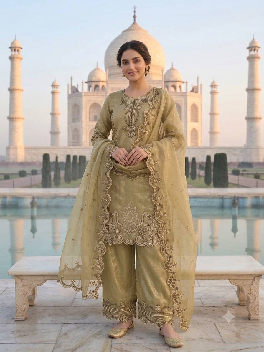 Wedding Wear Embroidered Kurti Palazzo Suit Set