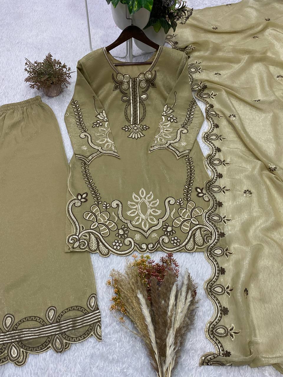 Wedding Wear Embroidered Kurti Palazzo Suit Set