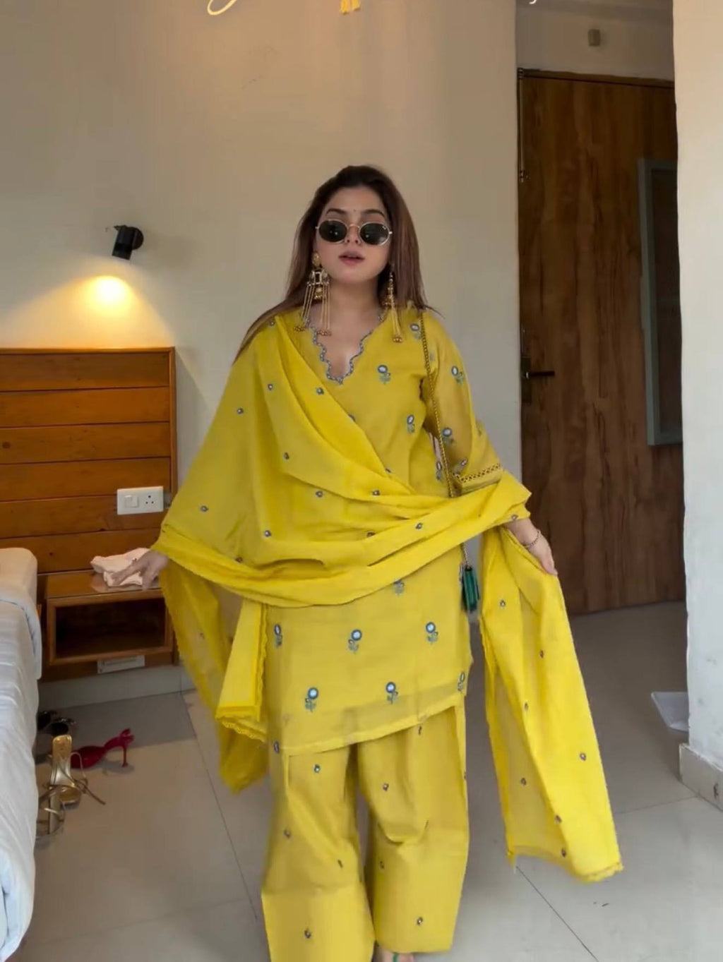 Party Wear Mul Chanderi Kurti Farshi Palazzo Set with Dupatta