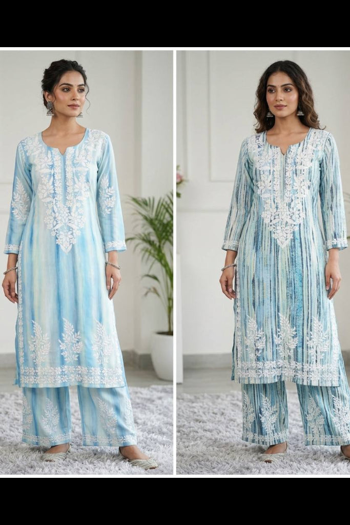 Blue Kurta Set with Embroidered Palazzo