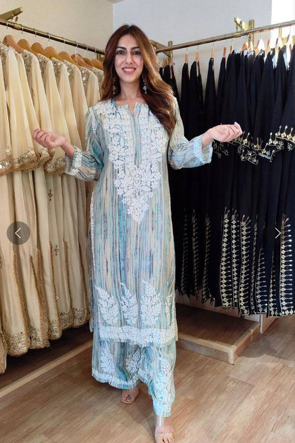 Blue Kurta Set with Embroidered Palazzo
