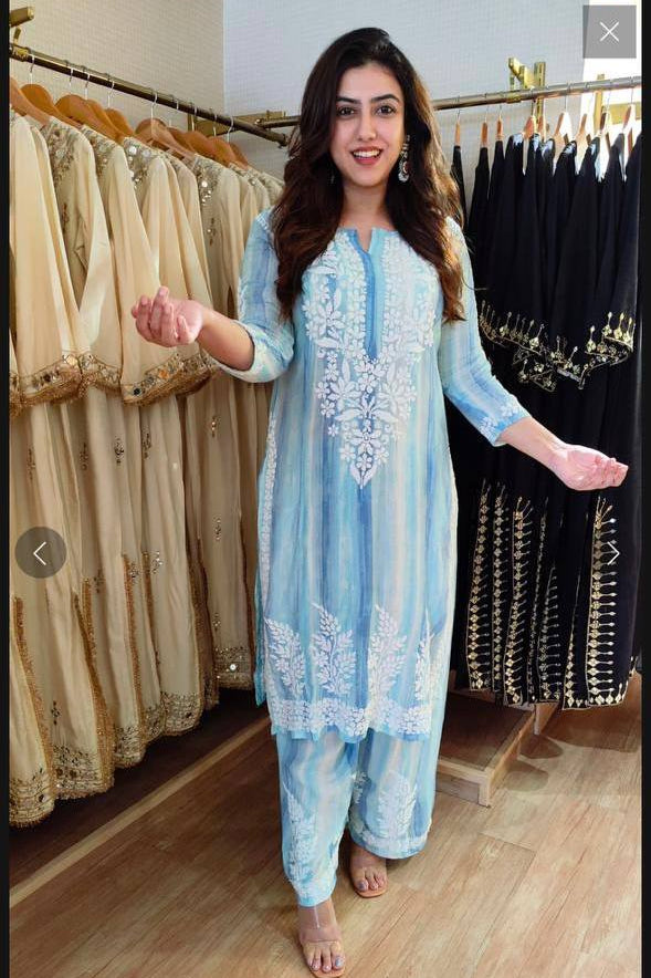 Blue Kurta Set with Embroidered Palazzo