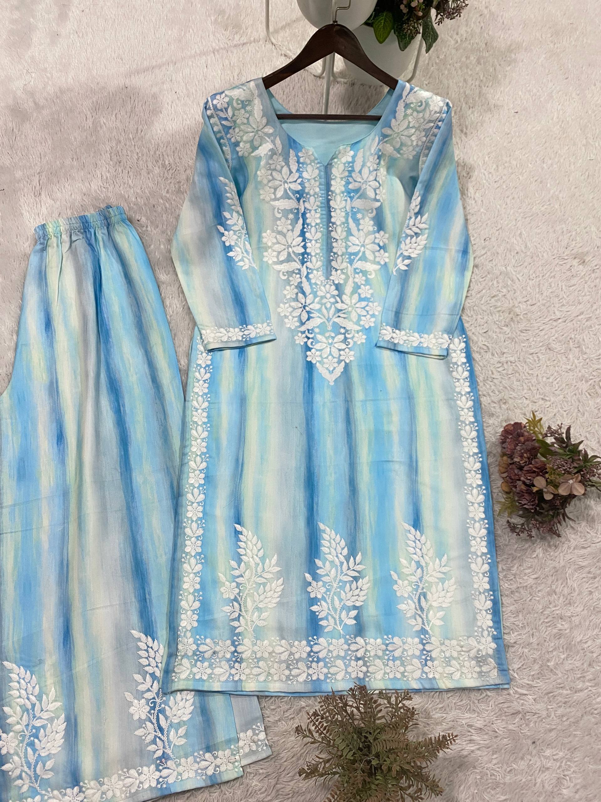 Blue Kurta Set with Embroidered Palazzo
