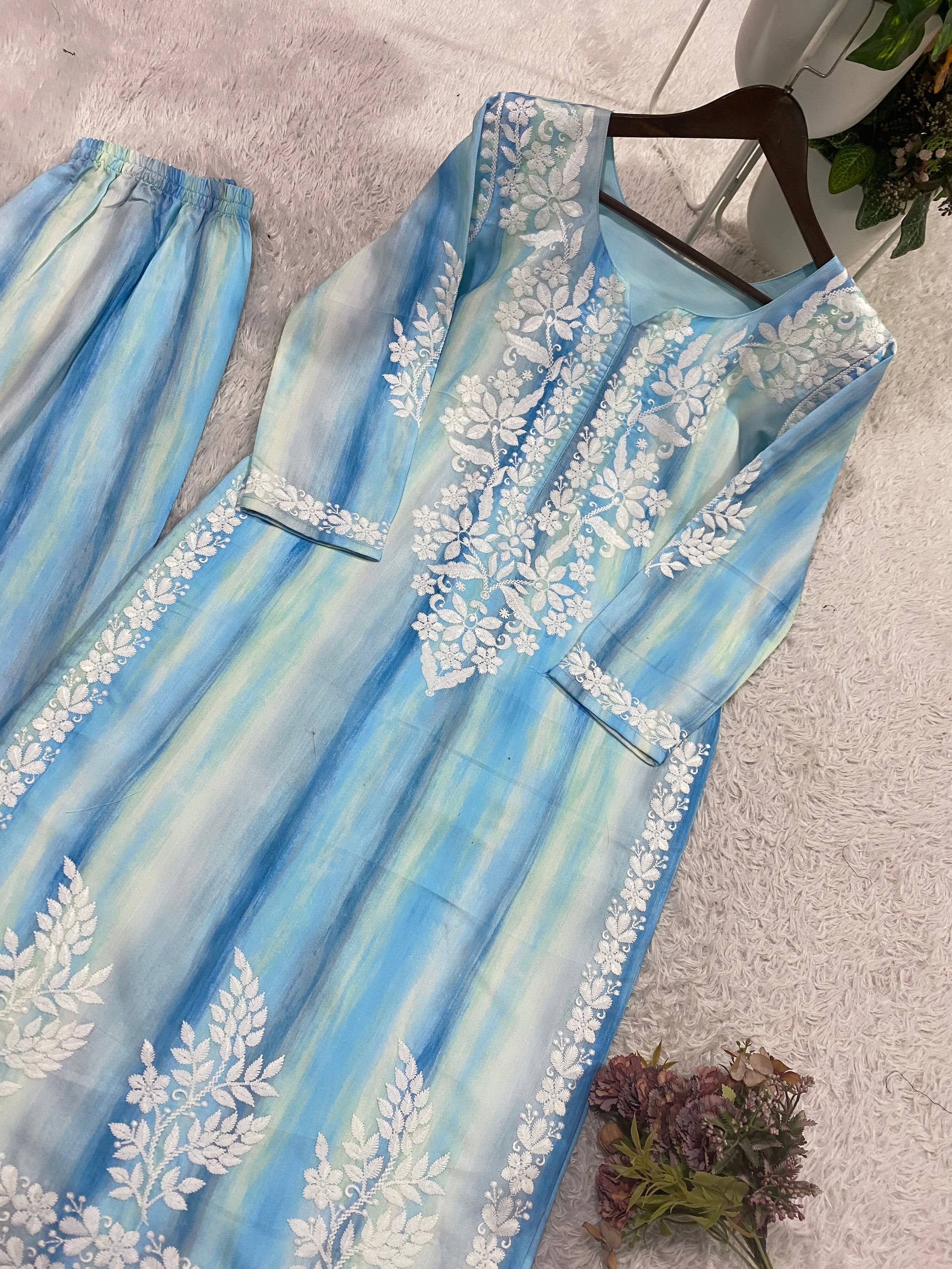 Blue Kurta Set with Embroidered Palazzo