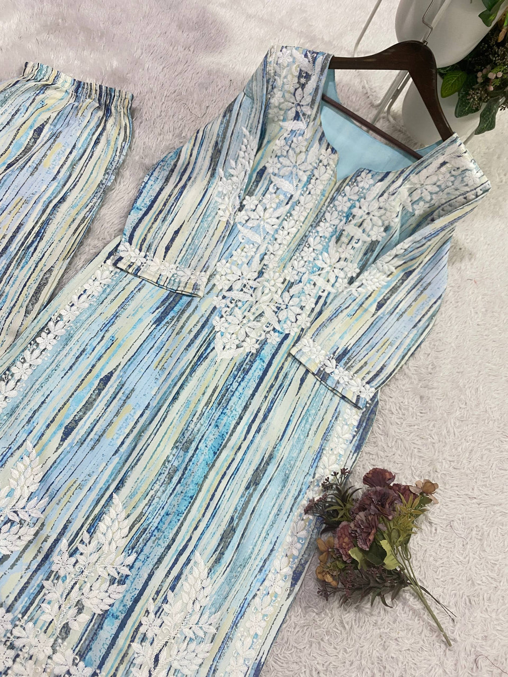 Blue Kurta Set with Embroidered Palazzo