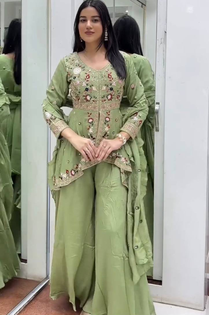 Silk Sequence Embroidered Kurta Palazzo Set with Dupatta