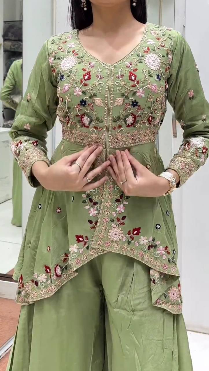 Silk Sequence Embroidered Kurta Palazzo Set with Dupatta