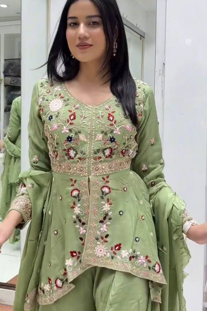 Silk Sequence Embroidered Kurta Palazzo Set with Dupatta
