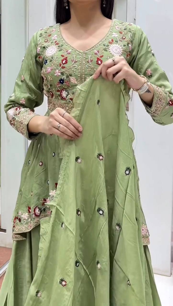 Silk Sequence Embroidered Kurta Palazzo Set with Dupatta