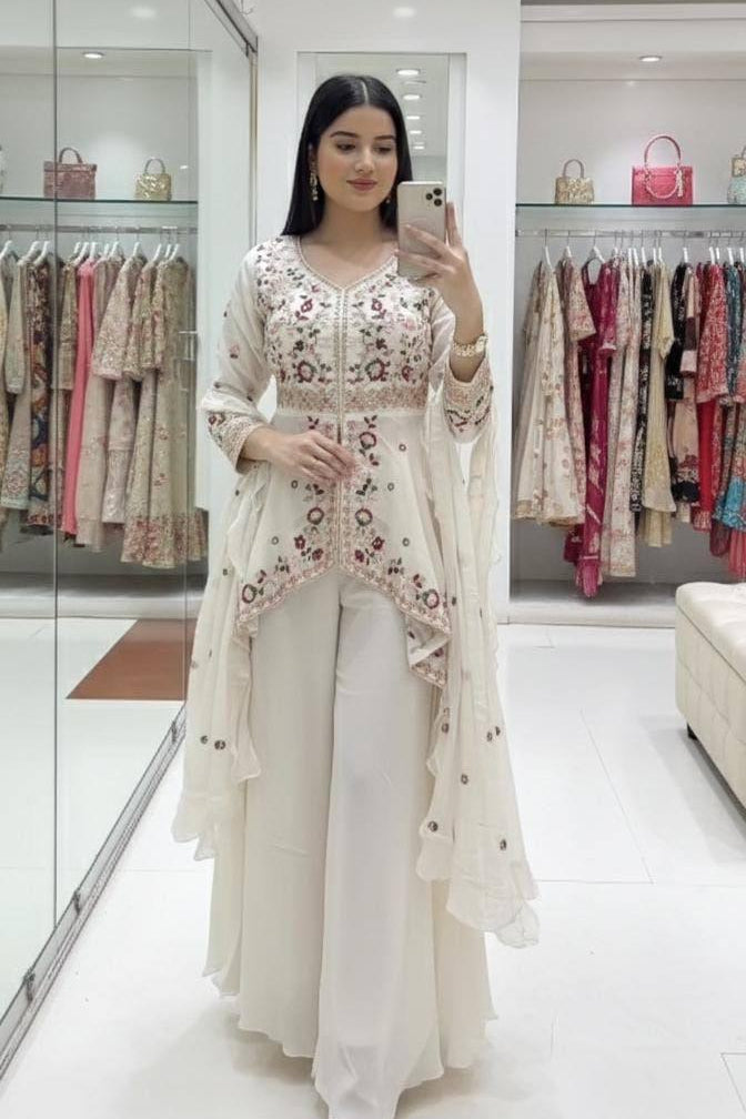 Silk Sequence Embroidered Kurta Palazzo Set with Dupatta