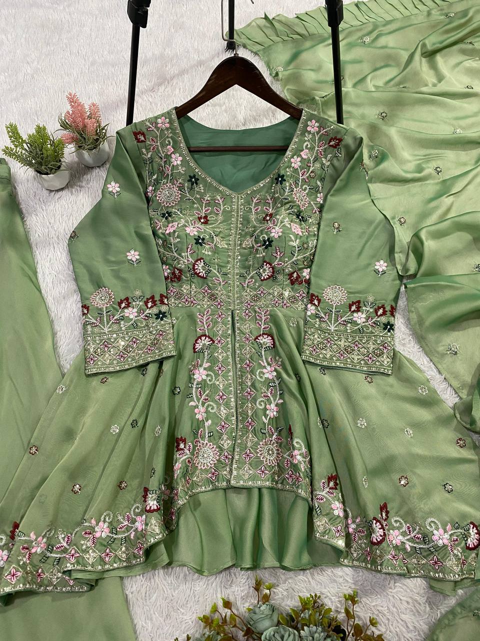 Silk Sequence Embroidered Kurta Palazzo Set with Dupatta