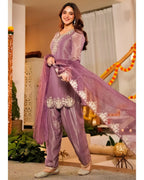 Fandy Satin Embroidered Kurta Set with Farshi Bottom and Dupatta
