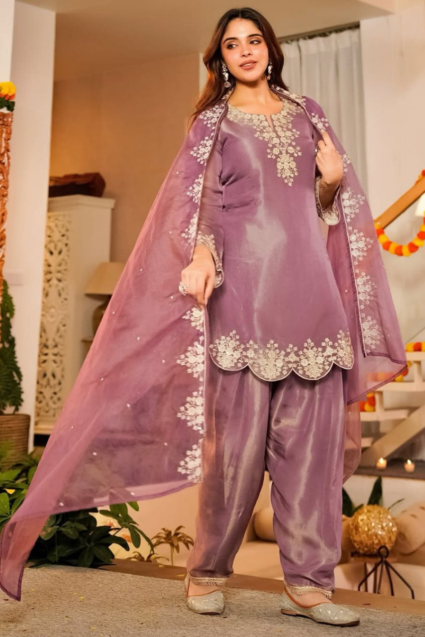 Fandy Satin Embroidered Kurta Set with Farshi Bottom and Dupatta