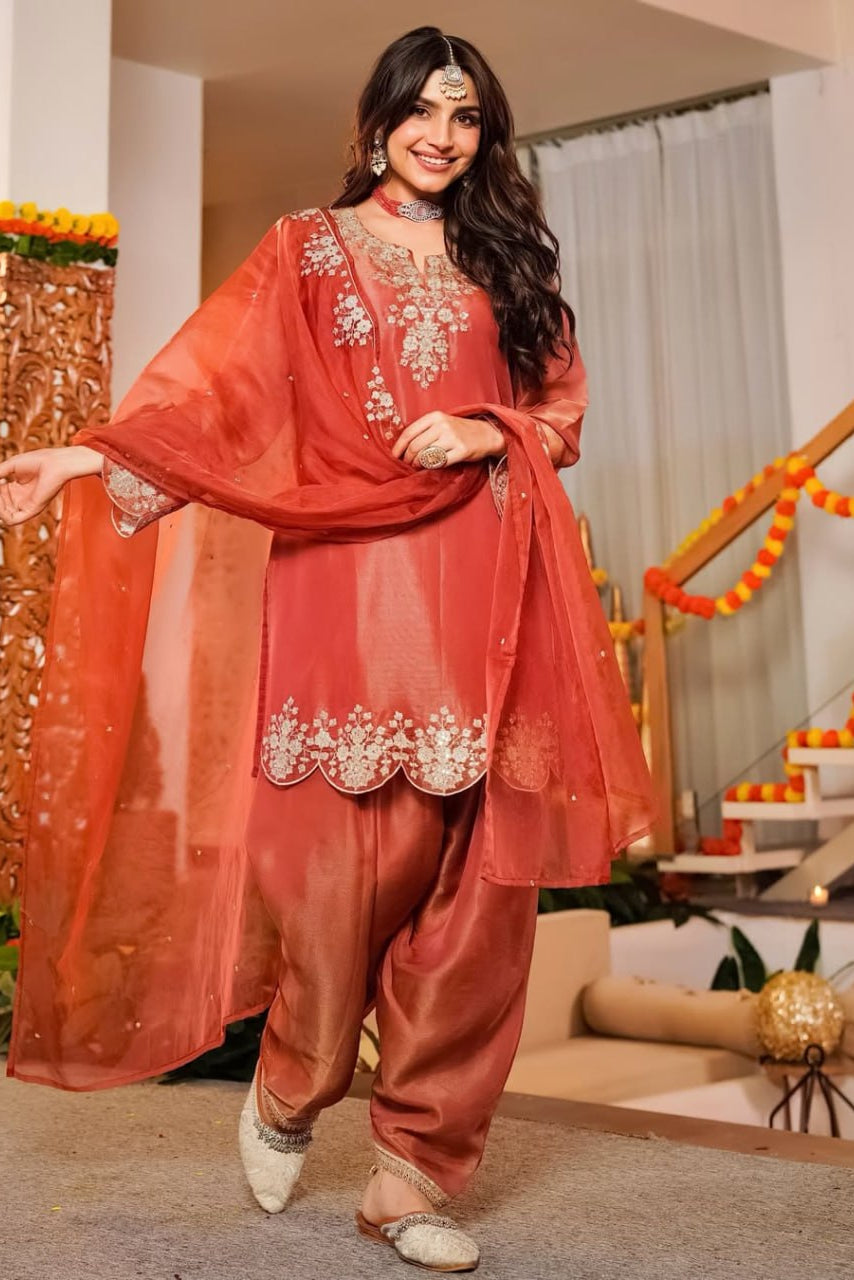 Fandy Satin Embroidered Kurta Set with Farshi Bottom and Dupatta