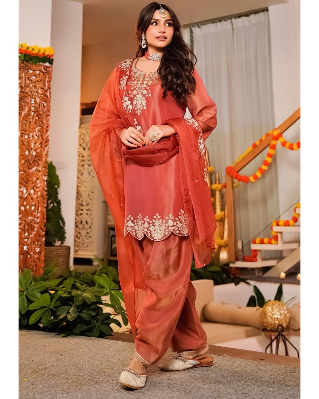 Fandy Satin Embroidered Kurta Set with Farshi Bottom and Dupatta