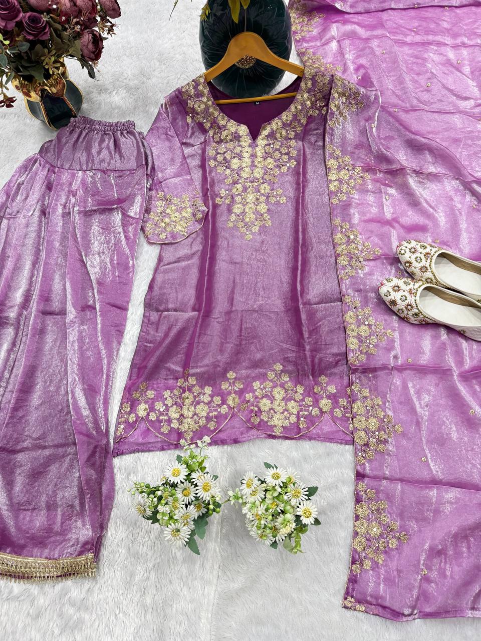 Fandy Satin Embroidered Kurta Set with Farshi Bottom and Dupatta