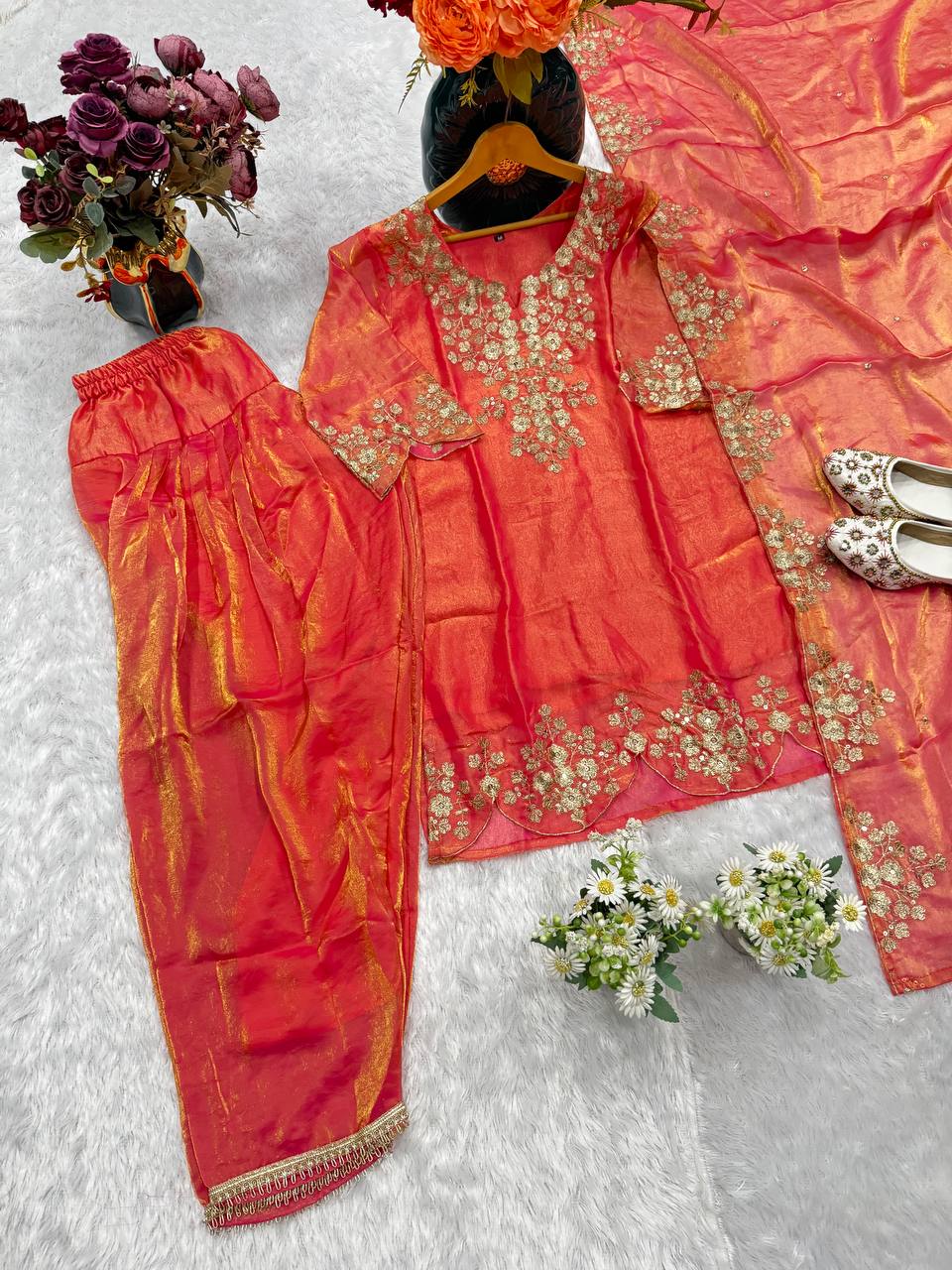 Fandy Satin Embroidered Kurta Set with Farshi Bottom and Dupatta
