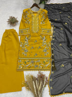 Designer Roman Silk Embroidered Kurti Palazzo Set with Georgette Dupatta for Women – Wedding & Party Wear