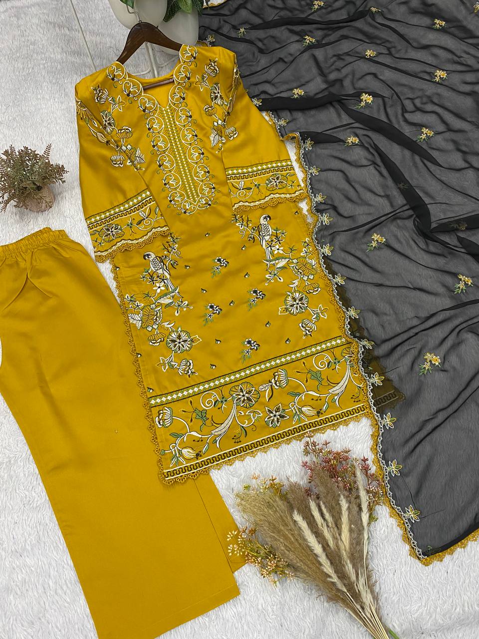 Designer Roman Silk Embroidered Kurti Palazzo Set with Georgette Dupatta for Women – Wedding & Party Wear