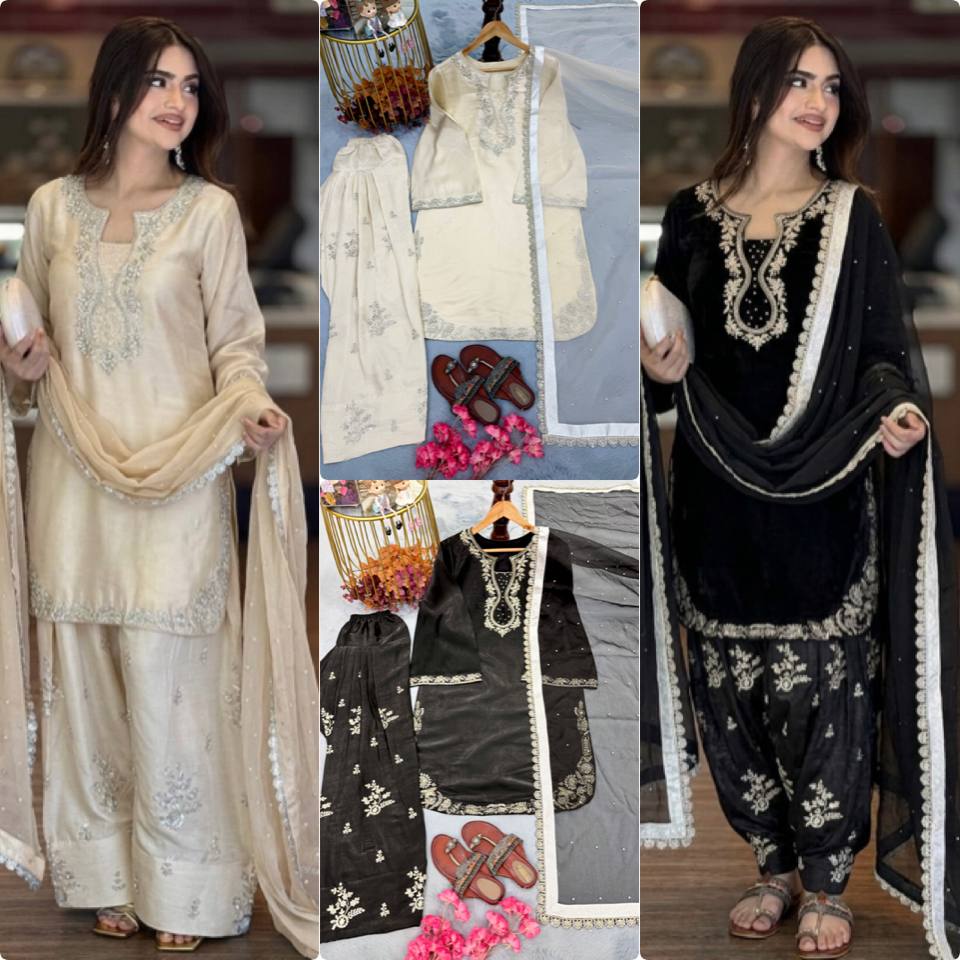 Silk Embroidered Top with Farshi Palazzo and Organza Dupatta Set