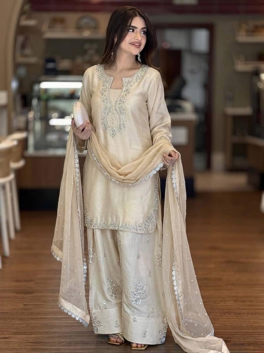 Silk Embroidered Top with Farshi Palazzo and Organza Dupatta Set