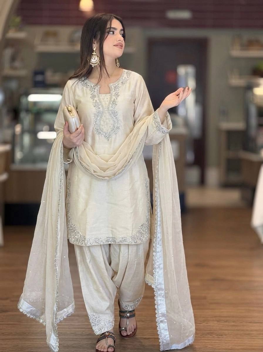 Silk Embroidered Top with Farshi Palazzo and Organza Dupatta Set