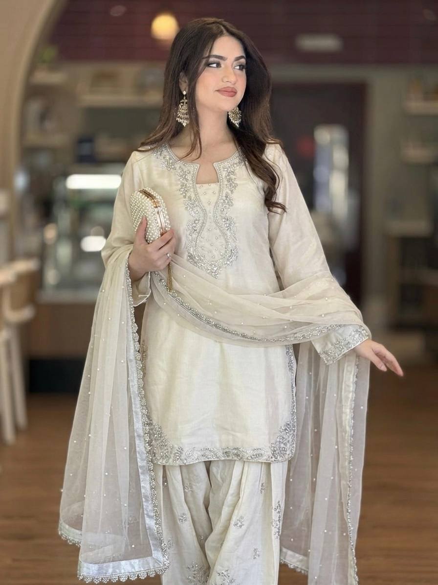 Silk Embroidered Top with Farshi Palazzo and Organza Dupatta Set