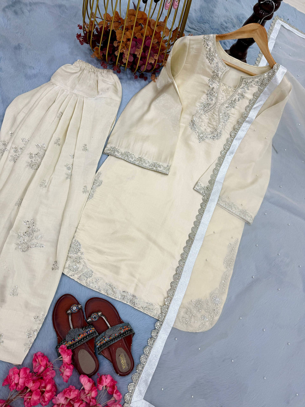 Silk Embroidered Top with Farshi Palazzo and Organza Dupatta Set