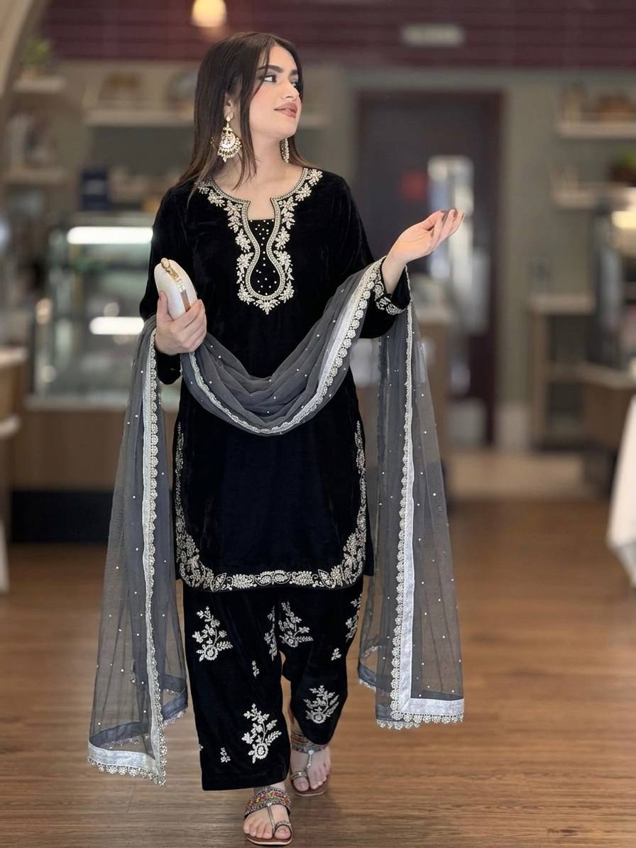 Silk Embroidered Top with Farshi Palazzo and Organza Dupatta Set