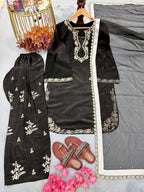 Silk Embroidered Top with Farshi Palazzo and Organza Dupatta Set