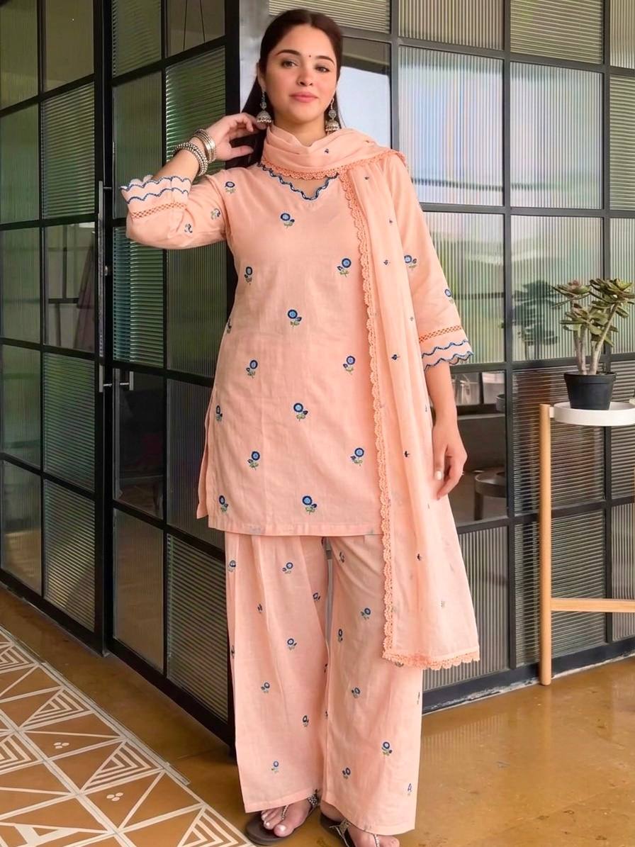 Party Wear Mul Chanderi Kurti Farshi Palazzo Set with Dupatta