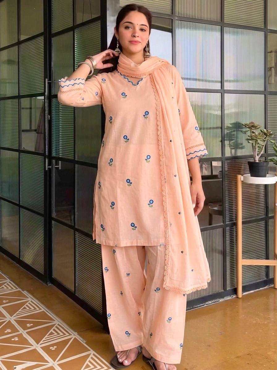 Party Wear Mul Chanderi Kurti Farshi Palazzo Set with Dupatta