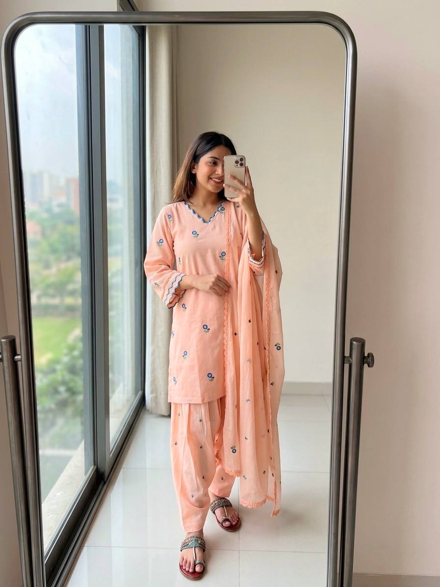Party Wear Mul Chanderi Kurti Farshi Palazzo Set with Dupatta