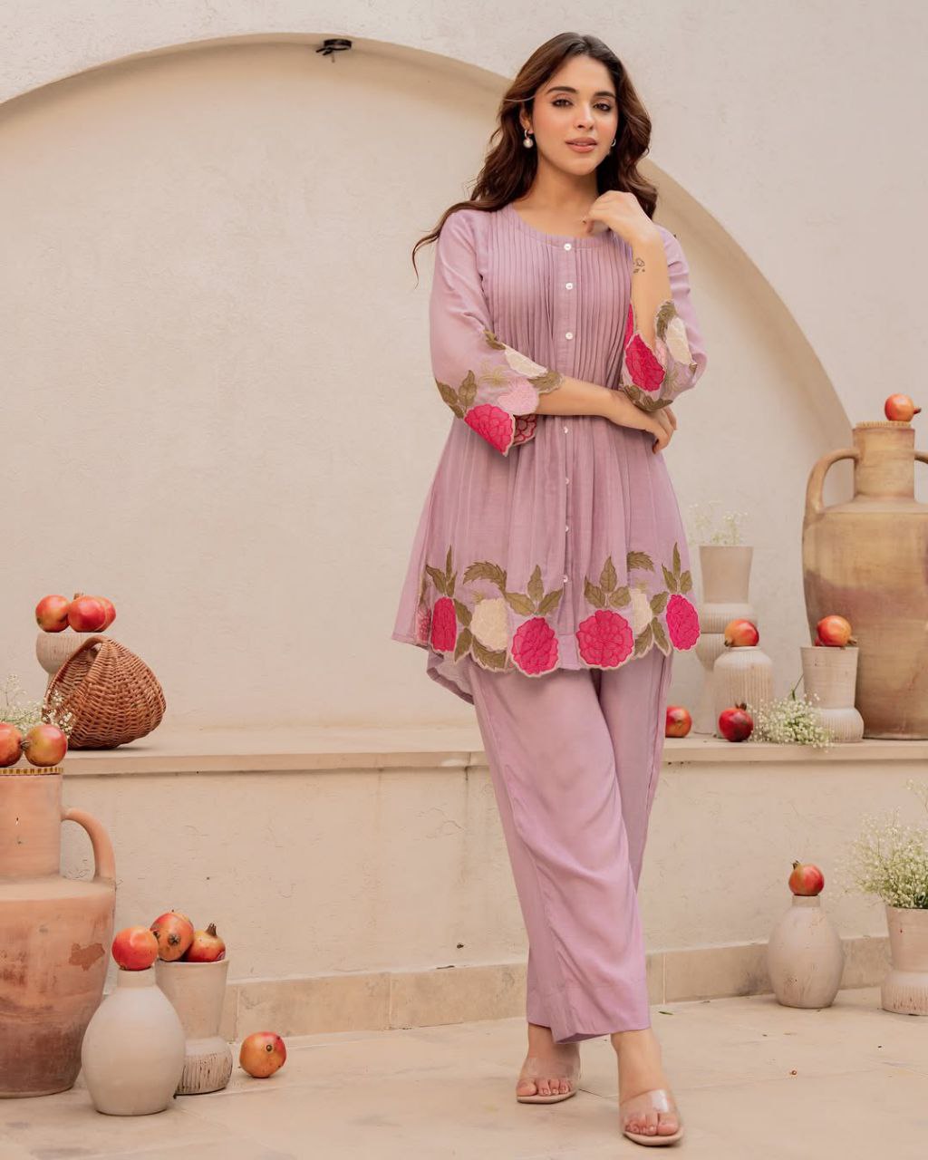 Chanderi Embroidered Cord Set with Bracelet – Top & Pant Set