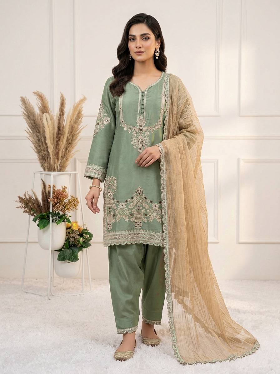Designer Glass Satin Embroidered Kurti Salwar Set with Crunchy Dupatta for Women – Party & Wedding Wear
