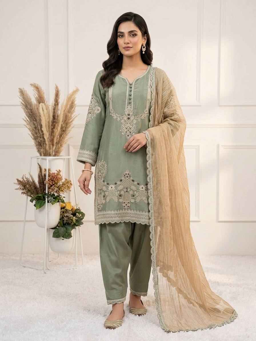 Designer Glass Satin Embroidered Kurti Salwar Set with Crunchy Dupatta for Women – Party & Wedding Wear