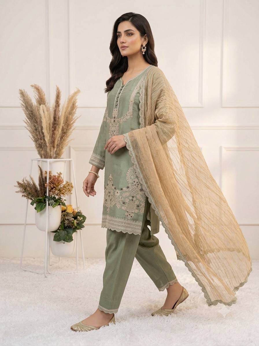 Designer Glass Satin Embroidered Kurti Salwar Set with Crunchy Dupatta for Women – Party & Wedding Wear