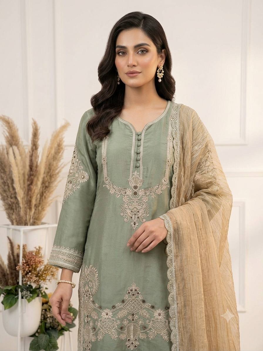 Designer Glass Satin Embroidered Kurti Salwar Set with Crunchy Dupatta for Women – Party & Wedding Wear