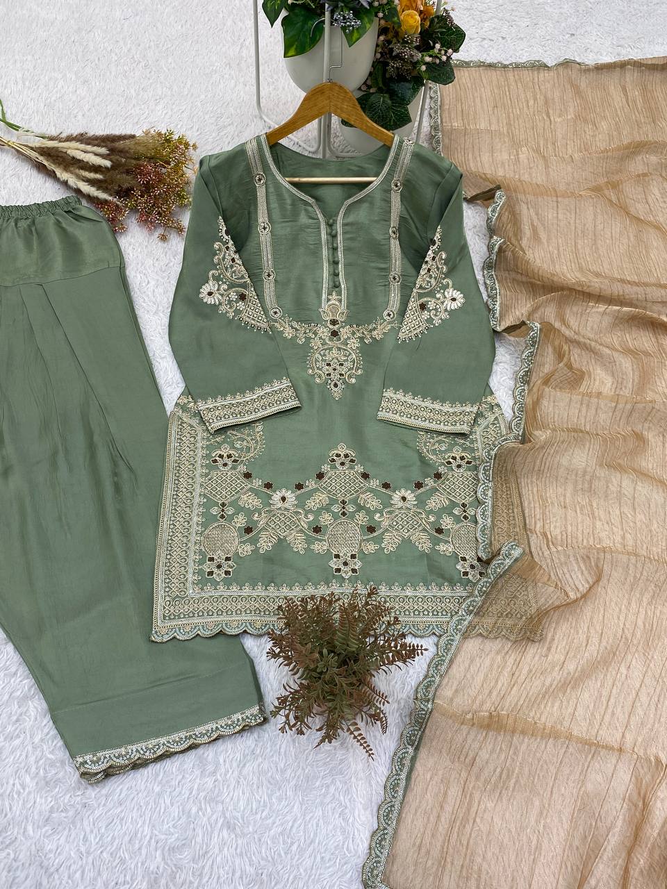 Designer Glass Satin Embroidered Kurti Salwar Set with Crunchy Dupatta for Women – Party & Wedding Wear