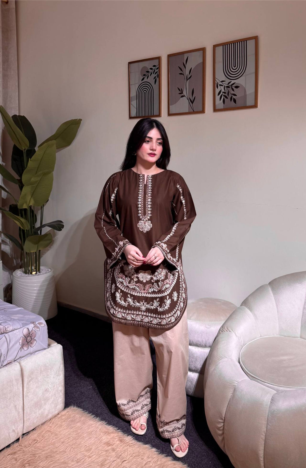 Designer Roman Silk Embroidered Kurti with Farshi Palazzo Set for Women – Party Wear