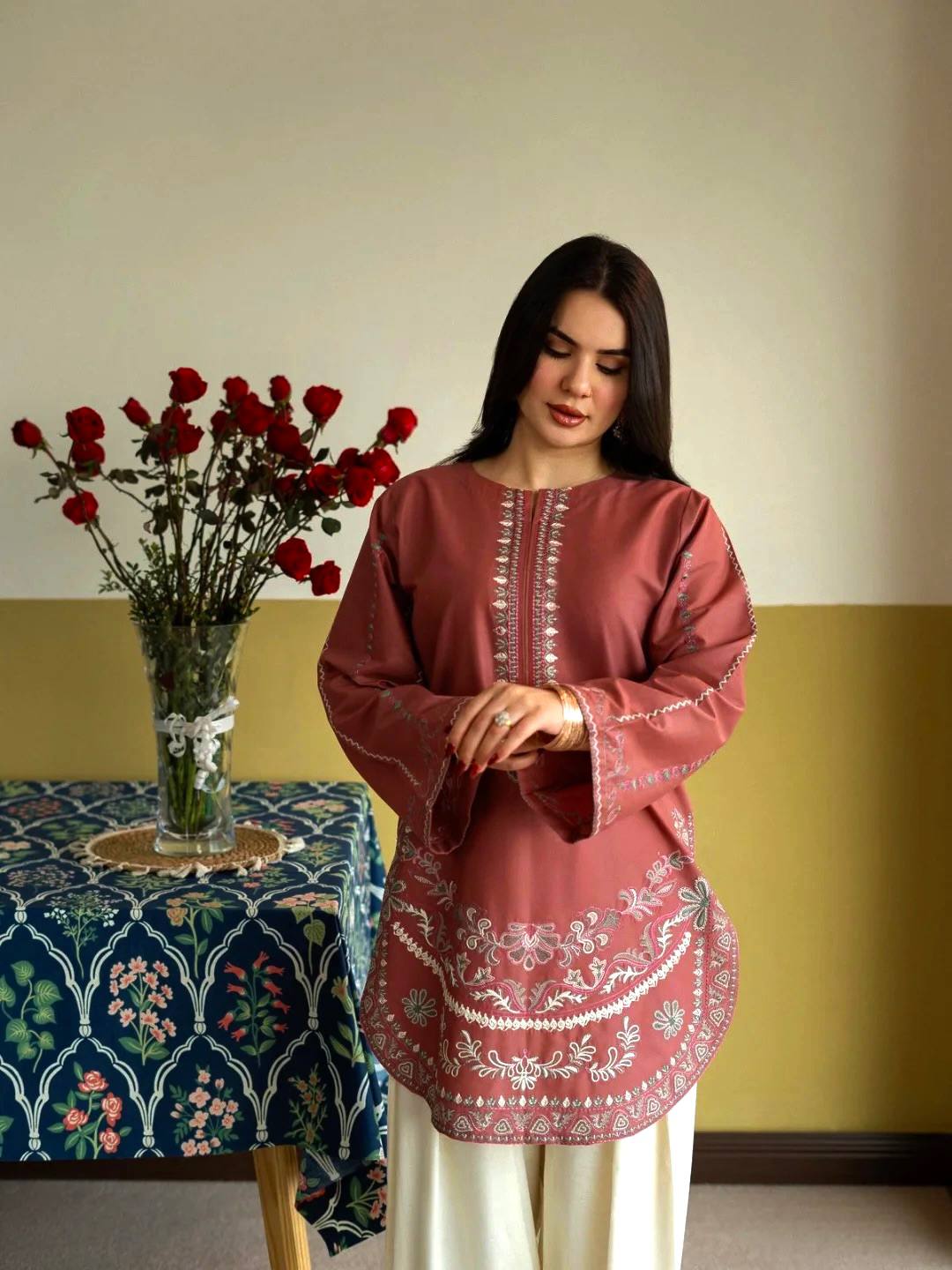Designer Roman Silk Embroidered Kurti with Farshi Palazzo Set for Women – Party Wear