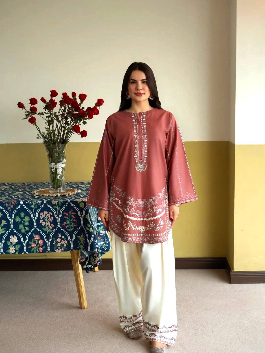Designer Roman Silk Embroidered Kurti with Farshi Palazzo Set for Women – Party Wear