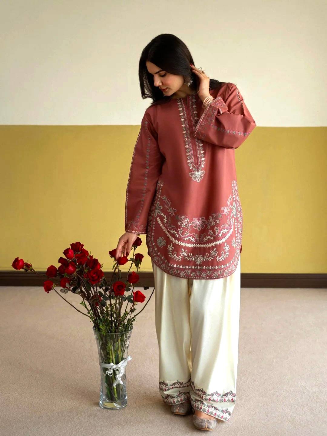 Designer Roman Silk Embroidered Kurti with Farshi Palazzo Set for Women – Party Wear
