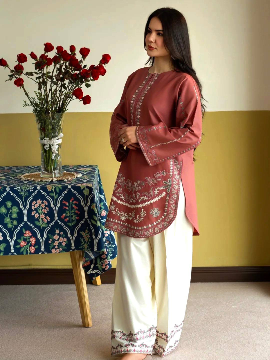 Designer Roman Silk Embroidered Kurti with Farshi Palazzo Set for Women – Party Wear