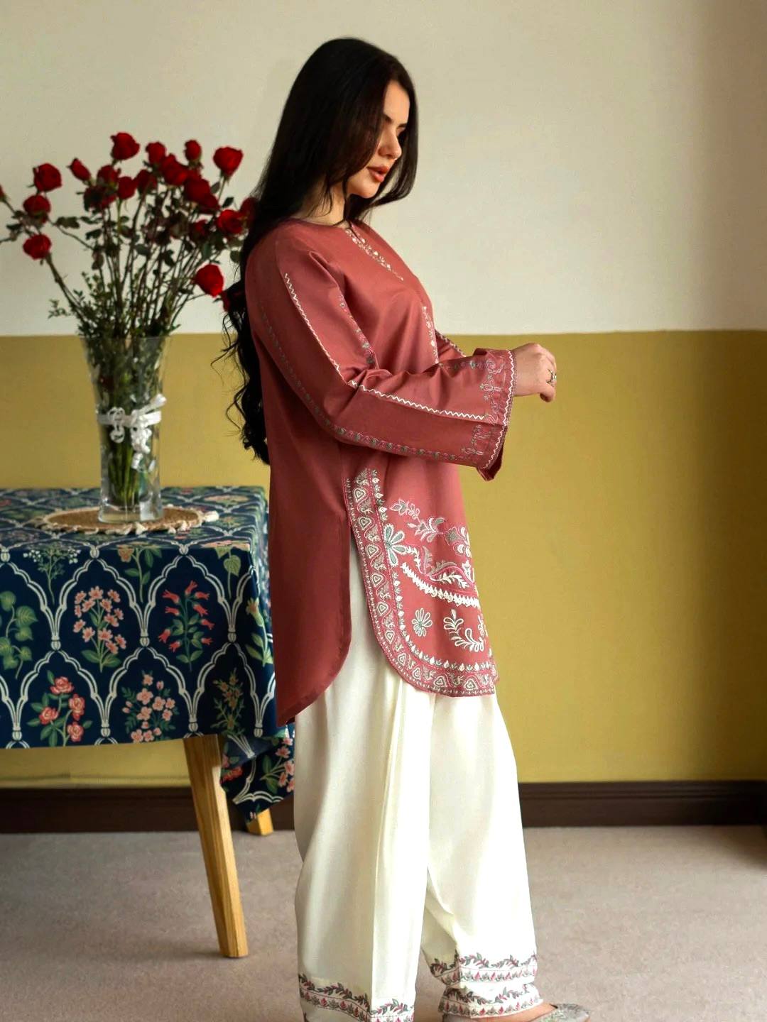 Designer Roman Silk Embroidered Kurti with Farshi Palazzo Set for Women – Party Wear