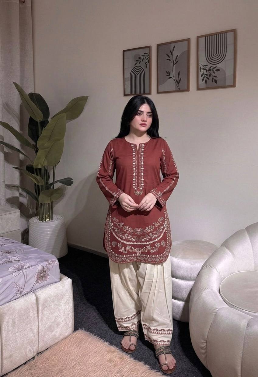 Designer Roman Silk Embroidered Kurti with Farshi Palazzo Set for Women – Party Wear